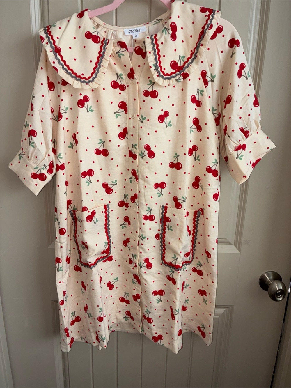 Cream Cherry-Print Asymmetrical Women’s Dress with Peter Pan Collar